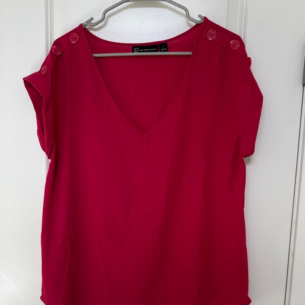 New York & Company Fuchsia V-Neck Blouse